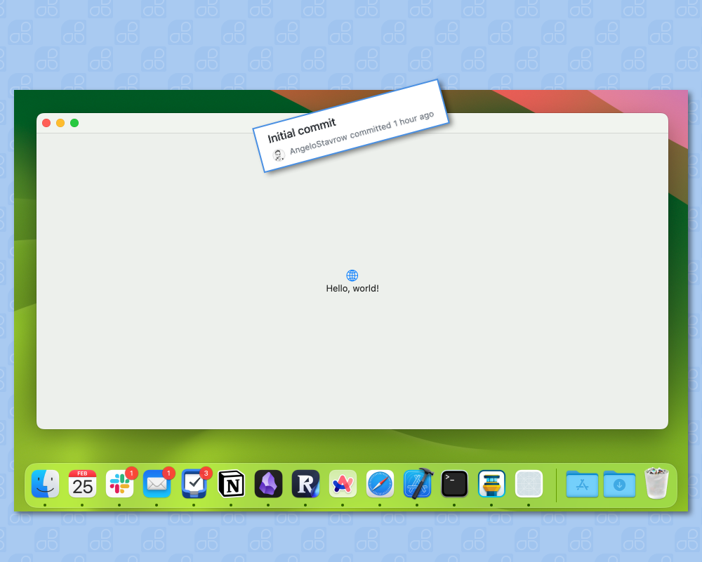 A screen capture of a Mac app showing a small globe icon and the text "Hello, world!" centred in the window, overlaid with a screen capture from GitHub reading "Initial commit", overlaid on a Mac desktop. In the far right of the Mac's Dock is a placeholder icon for a new Mac app.